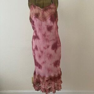 Sue Wong Vintage Pink Tie Dye Silk Lace Trimmed Slip Dress